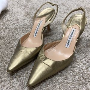 Manolo Blahnik gold kitten heels